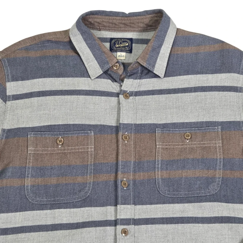 J. Crew Flannel Shirt Men‎ Large Gray Brown Striped Excellent Cotton Preppy